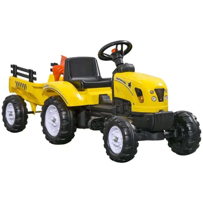 Kids Pedal Ride-On Tractor with Trailer – Yellow and Black | Pedal Car, Shovel and Rake HOMCOM - Little and Giant Explorers HOMCOM