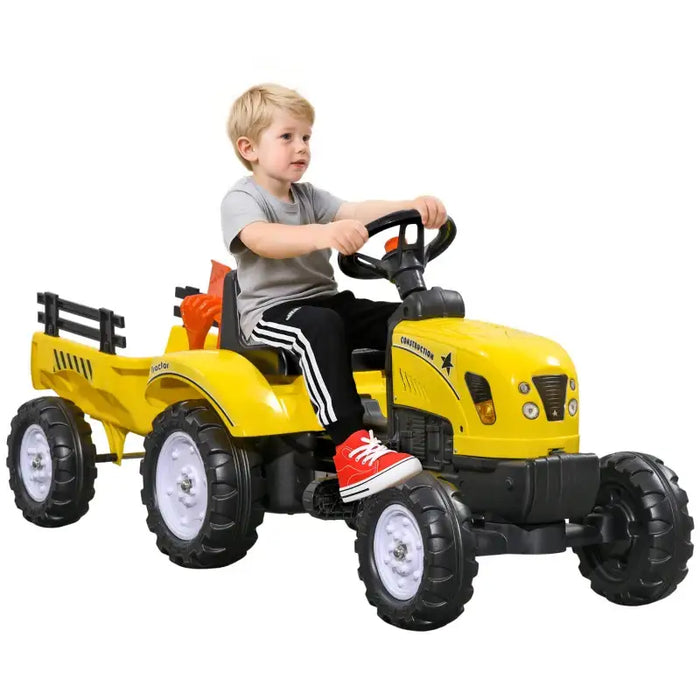 Kids Pedal Ride-On Tractor with Trailer – Yellow and Black | Pedal Car, Shovel and Rake HOMCOM - Little and Giant Explorers HOMCOM