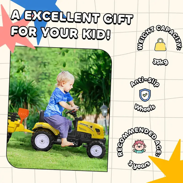 Kids Pedal Ride-On Tractor with Trailer – Yellow and Black | Pedal Car, Shovel and Rake HOMCOM - Little and Giant Explorers HOMCOM