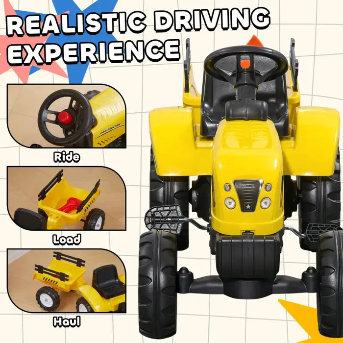 Kids Pedal Ride-On Tractor with Trailer – Yellow and Black | Pedal Car, Shovel and Rake HOMCOM - Little and Giant Explorers HOMCOM