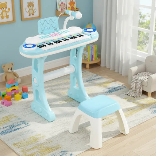 Kids Piano Keyboard Set – Blue | 37-Key Electronic Organ - Microphone, Stool and Music Stand COSTWAY - Little and Giant Explorers Costway