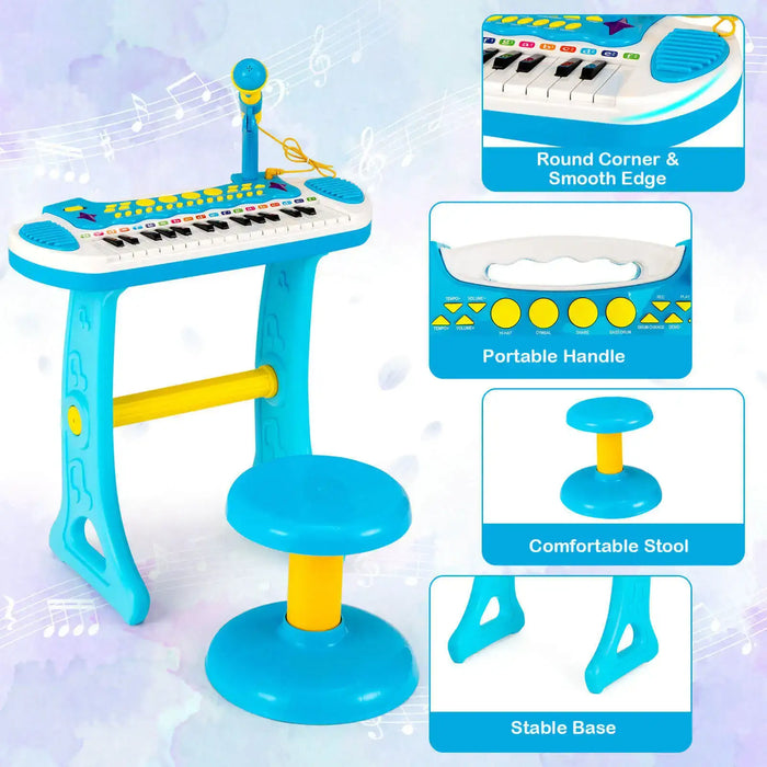 Kids Piano Keyboard with Microphone and Stool – Blue | 22 Demos and 8 Volumes COSTWAY - Little and Giant Explorers Costway