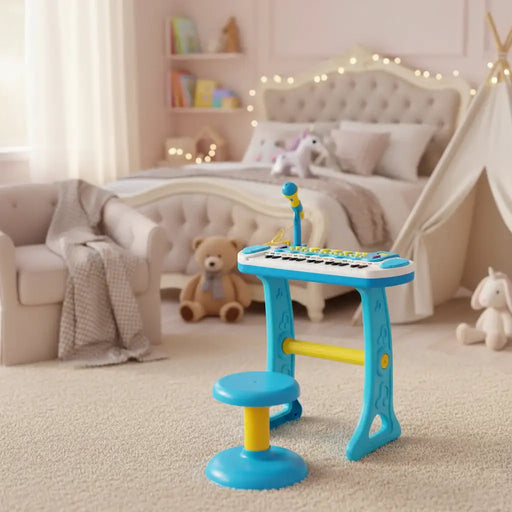 Kids Piano Keyboard with Microphone and Stool – Blue | 22 Demos and 8 Volumes COSTWAY - Little and Giant Explorers Costway