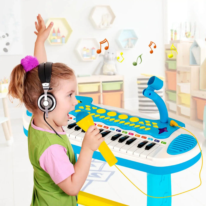 Kids Piano Keyboard with Microphone and Stool – Blue | 22 Demos and 8 Volumes COSTWAY - Little and Giant Explorers Costway