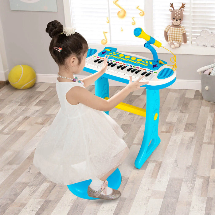 Kids Piano Keyboard with Microphone and Stool – Blue | 22 Demos and 8 Volumes COSTWAY - Little and Giant Explorers Costway