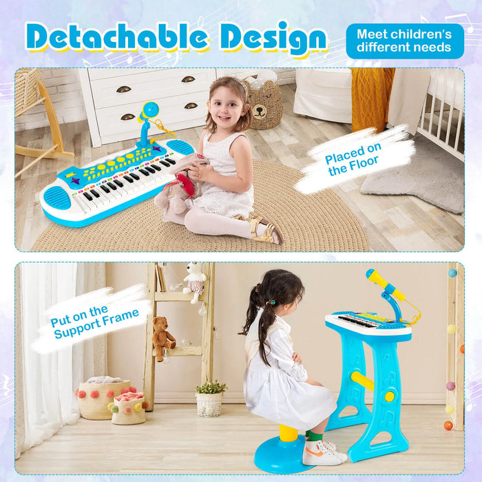 Kids Piano Keyboard with Microphone and Stool – Blue | 22 Demos and 8 Volumes COSTWAY - Little and Giant Explorers Costway