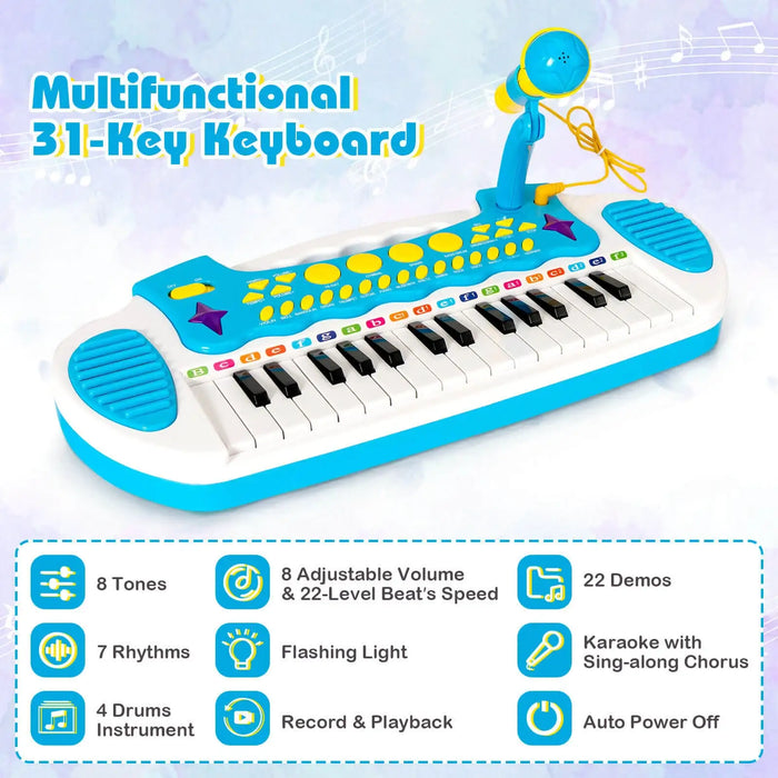 Kids Piano Keyboard with Microphone and Stool – Blue | 22 Demos and 8 Volumes COSTWAY - Little and Giant Explorers Costway