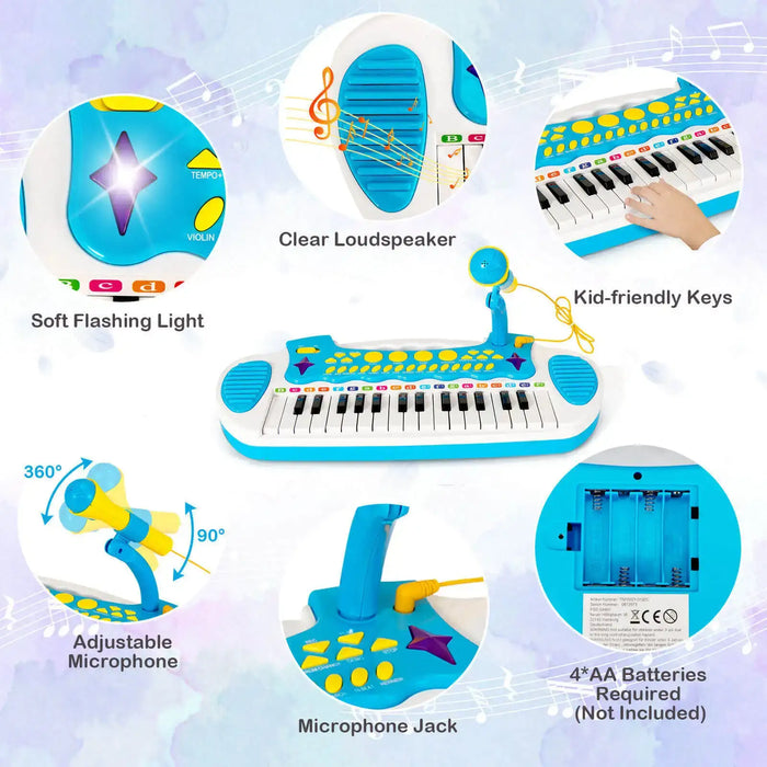 Kids Piano Keyboard with Microphone and Stool – Blue | 22 Demos and 8 Volumes COSTWAY - Little and Giant Explorers Costway