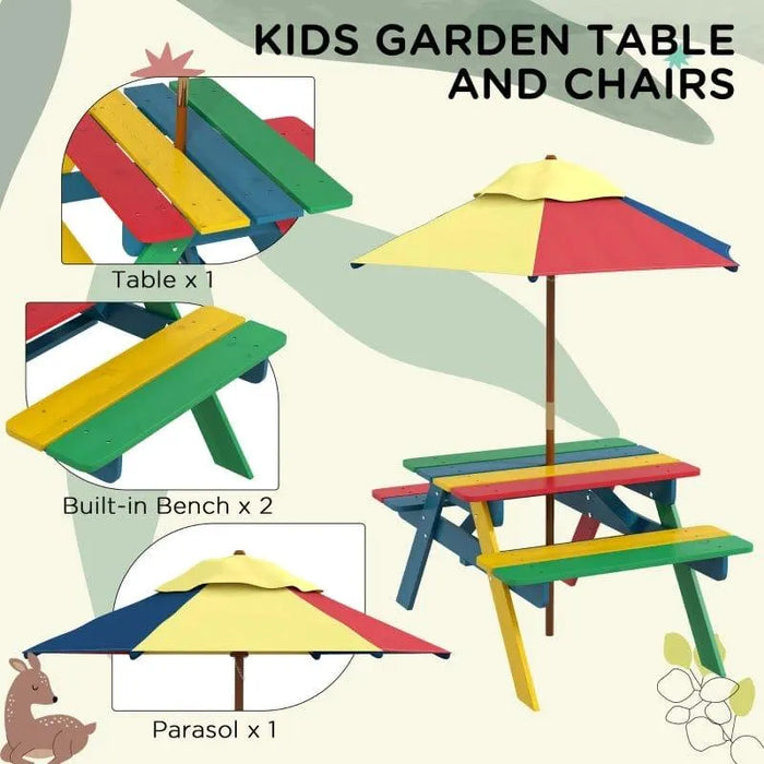 Kids garden picnic bench set with multicoloured wood and removable parasol umbrella