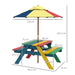 Multicoloured kids' wooden picnic bench with removable umbrella and dimensions shown