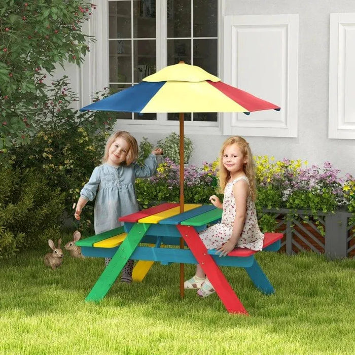 Kids on a colorful fir wood picnic bench with removable umbrella in a garden