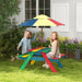 Kids on a colorful fir wood picnic bench with removable umbrella in a garden