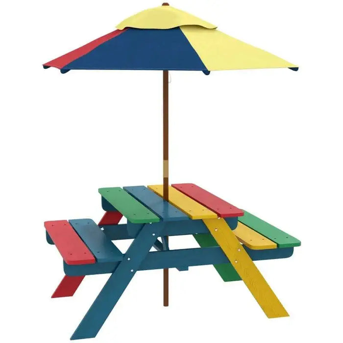 Kids multi-coloured wooden picnic bench with removable umbrella and slide