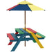 Kids multi-coloured wooden picnic bench with removable umbrella and slide