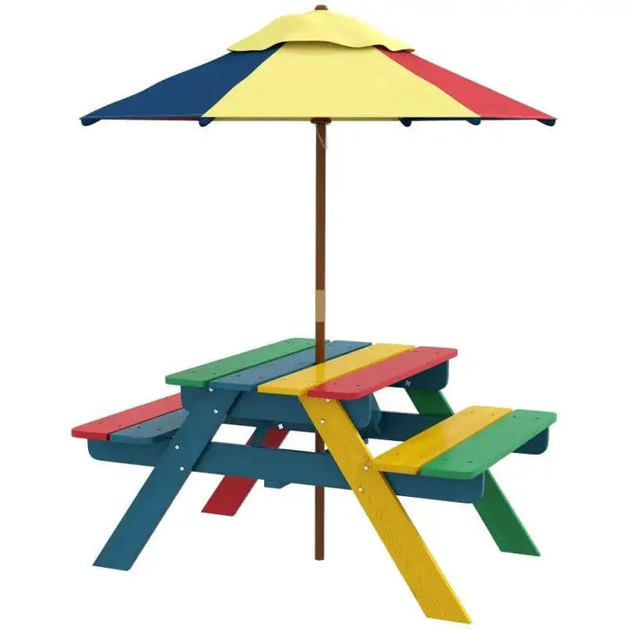 Kids picnic bench with multi-coloured wood and removable umbrella, outdoor furniture
