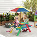 Kids sitting at a multi-coloured picnic bench with removable umbrella outdoors