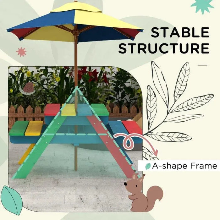Multi-coloured kids picnic bench with A-frame and removable umbrella outdoors