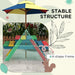 Multi-coloured kids picnic bench with A-frame and removable umbrella outdoors