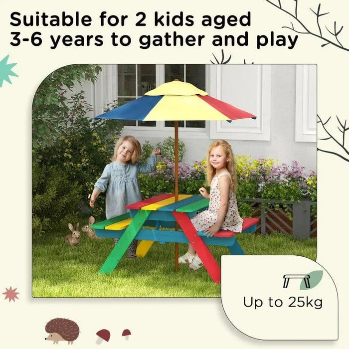 Two kids at a colorful wooden picnic bench with umbrella in a garden, kids outdoor furniture