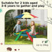 Two kids at a colorful wooden picnic bench with umbrella in a garden, kids outdoor furniture