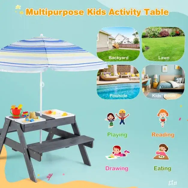 4-in-1 Sand and Water Outdoor Table with Removable Boxes and Umbrella - Little and Giant Explorers Costway