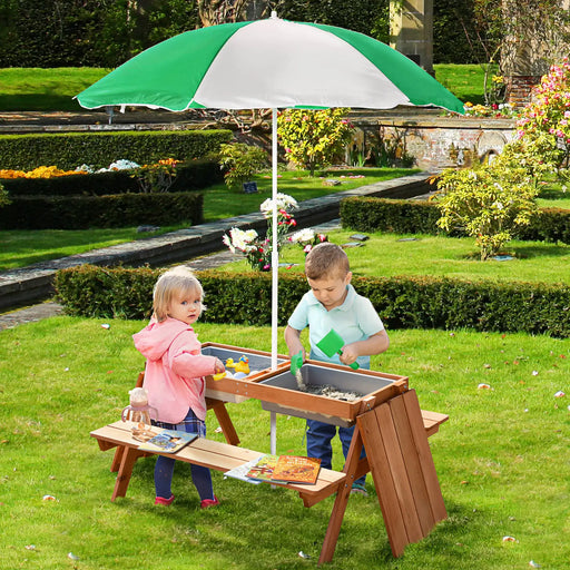 Kids Picnic Table with Parasol and Sand and Water Table - Little and Giant Explorers Outsunny