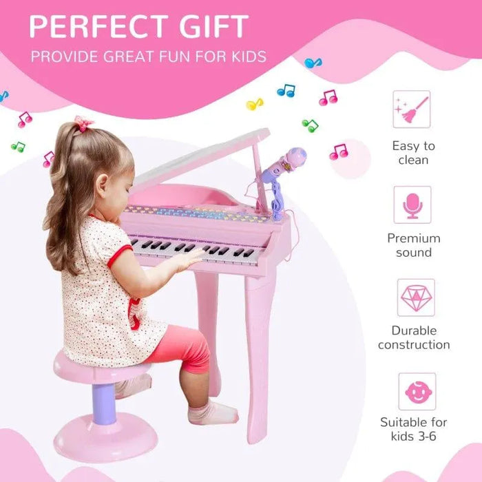 Young girl playing pink kids piano set with stool and microphone, fun musical toy for ages 3-6