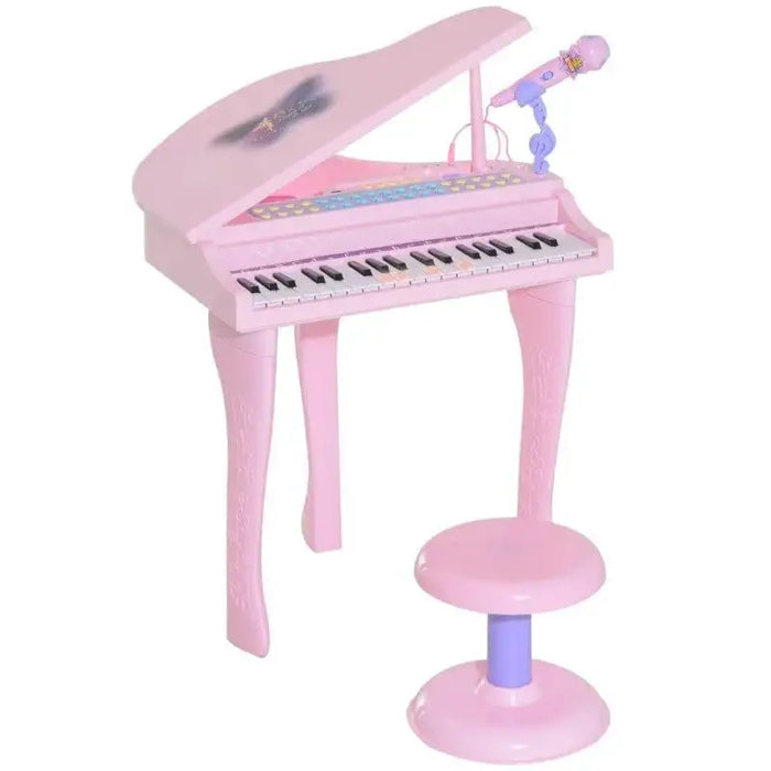 Kids pink 37-key mini grand piano keyboard set with matching stool and toy microphone