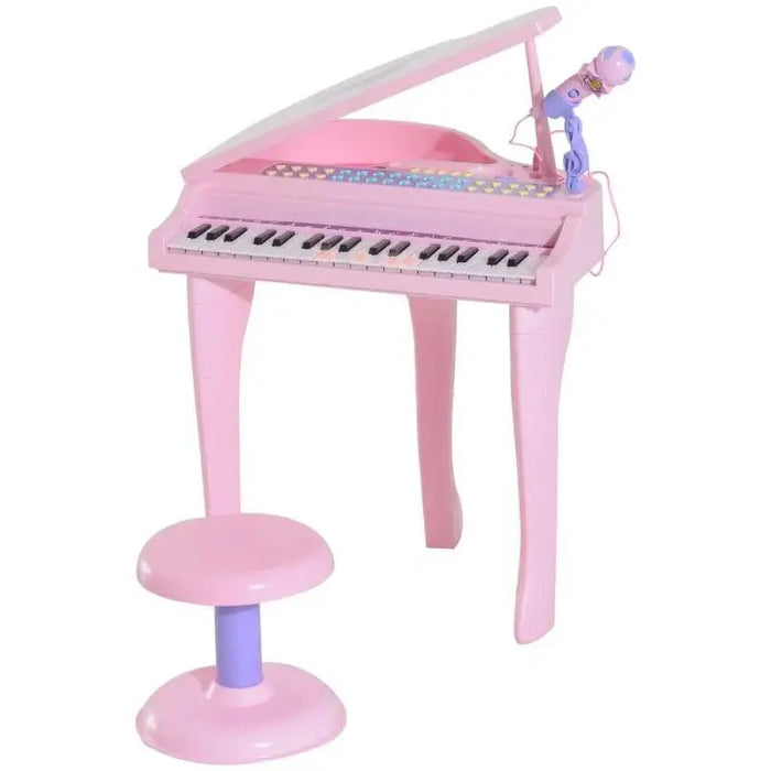 Kids pink piano keyboard set with 37 keys, matching stool, and toy microphone
