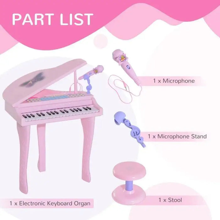 Kids pink mini grand piano set with 37 keys, microphone, stand, and stool, part list display