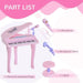 Kids pink mini grand piano set with 37 keys, microphone, stand, and stool, part list display
