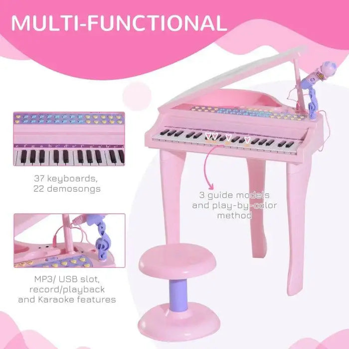 Kids pink mini grand piano keyboard set with microphone, stool, and 37 keys