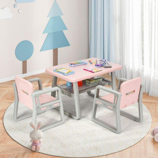 Kids Pink Table and Chairs Set with Storage Shelf - Little and Giant Explorers Costway