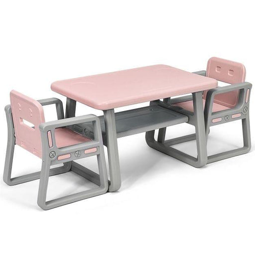 Kids Pink Table and Chairs Set with Storage Shelf - Little and Giant Explorers Costway