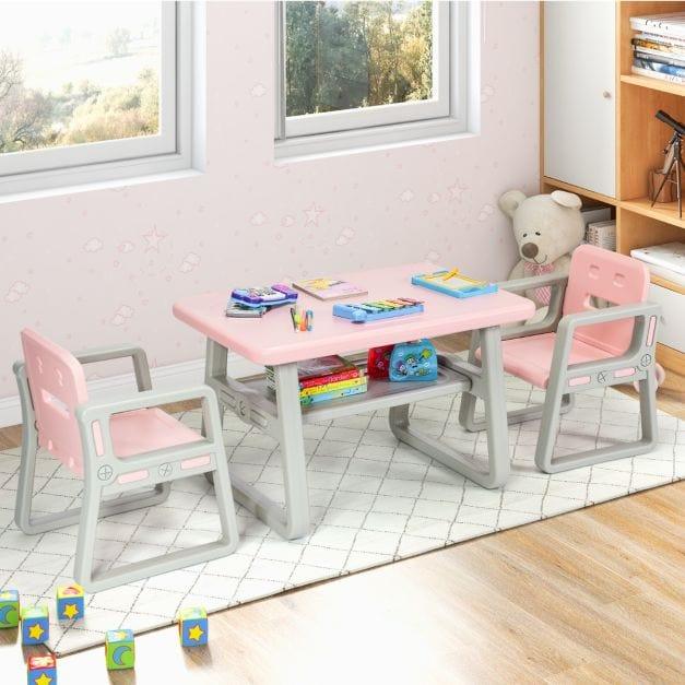 Kids Pink Table and Chairs Set with Storage Shelf - Little and Giant Explorers Costway