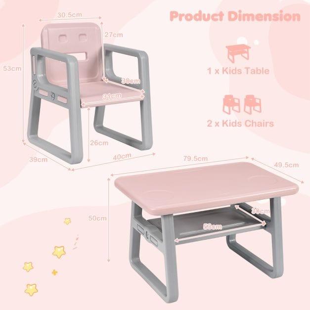 Kids Pink Table and Chairs Set with Storage Shelf - Little and Giant Explorers Costway