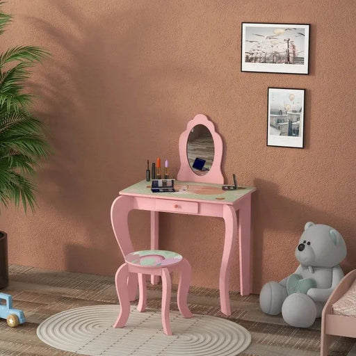 Kids pink vanity table with animal design, acrylic mirror, stool, and drawer in a cozy room.