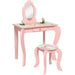 Kids pink vanity table with animal design, oval mirror, matching stool, and storage drawer