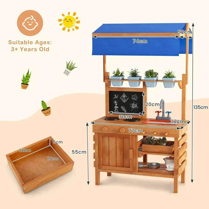 Kids Play Kitchen and Potting Bench with Adjustable Canopy and Sink - Little and Giant Explorers Costway