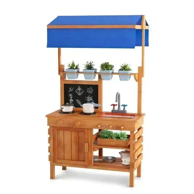 Kids Play Kitchen and Potting Bench with Adjustable Canopy and Sink - Little and Giant Explorers Costway