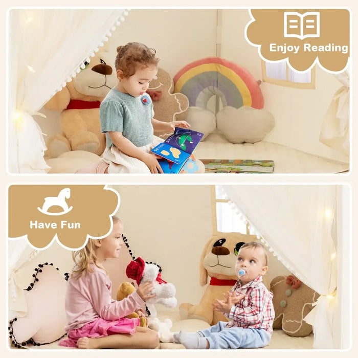 Kids Play Tent with Double Curtains – Beige | Soft Mat, Pennant Banners and Star Lights COSTWAY - Little and Giant Explorers Costway