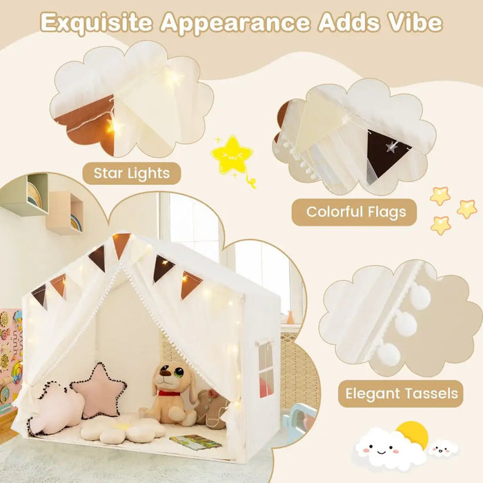 Kids Play Tent with Double Curtains – Beige | Soft Mat, Pennant Banners and Star Lights COSTWAY - Little and Giant Explorers Costway