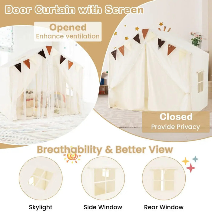 Kids Play Tent with Double Curtains – Beige | Soft Mat, Pennant Banners and Star Lights COSTWAY - Little and Giant Explorers Costway