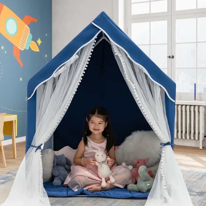 Kids Play Tent with Mat – Blue Cartoon Design | Indoor Playhouse for Ages 1+ COSTWAY - Little and Giant Explorers Costway