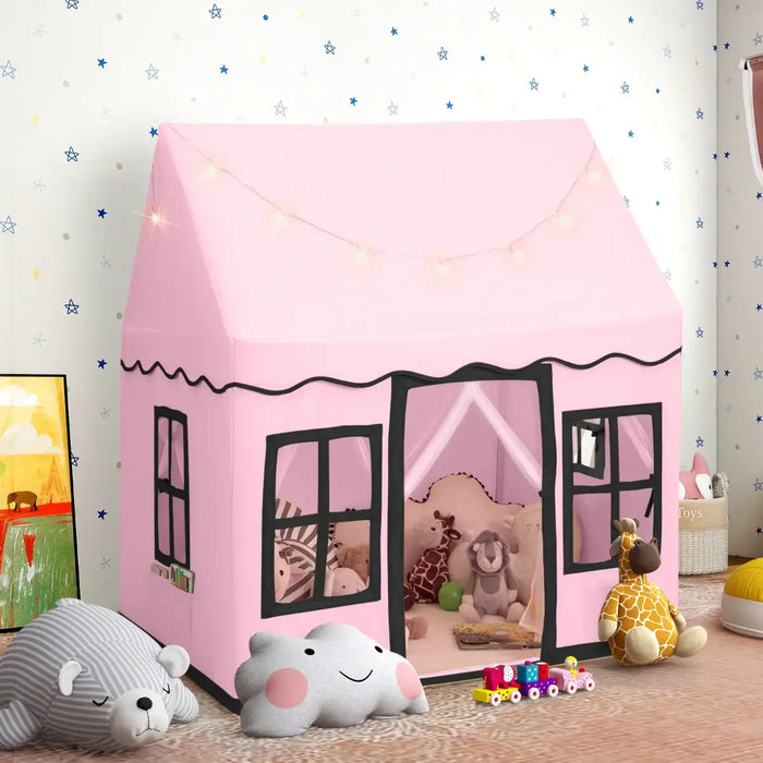 Kids Play Tent with Star Lights – Pink | Cotton Canvas Playhouse with Mesh Curtains COSTWAY - Little and Giant Explorers Costway