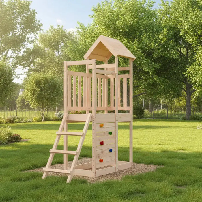Wooden outdoor playset with climbing wall and ladder in green backyard under blue sky