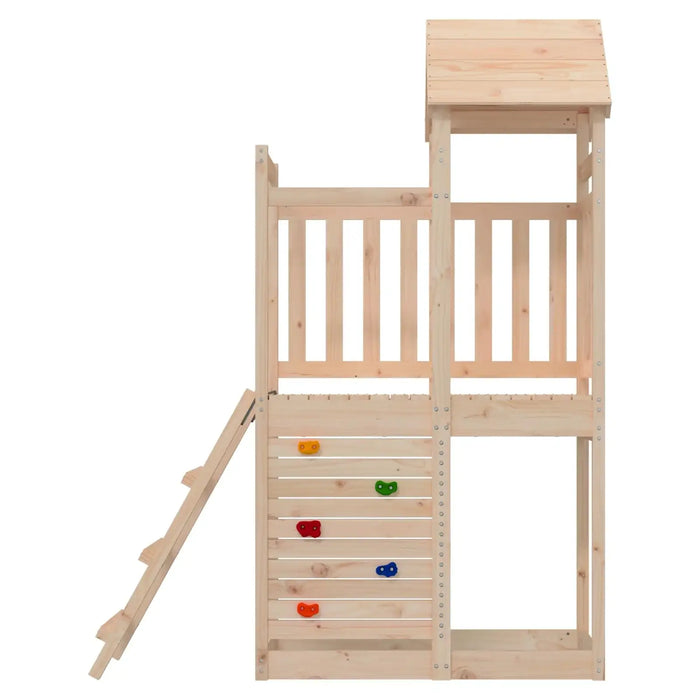 Natural wood kids playhouse with climbing wall and ladder, compact outdoor playground