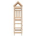 Tall wooden children's playhouse frame with peaked roof and ladder steps