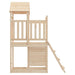 Natural wood children's playhouse with elevated platform, ladder, and slatted panels