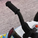 Close-up of kids' blue police ride-on motorbike handlebar and dashboard details